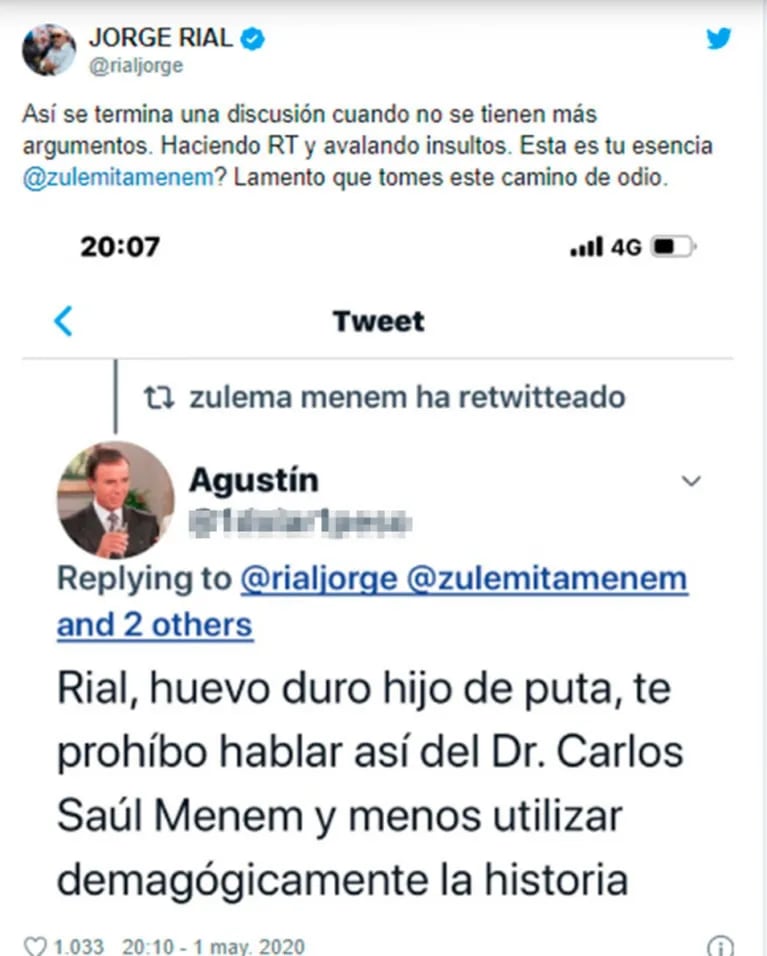 Escandaloso retweet de Zulemita Menem llamando "huevo duro" a Jorge Rial: la fuerte reacción del periodista