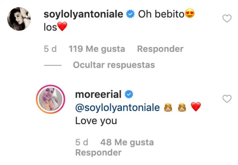 More Rial y Loly Antoniale intercambiaron cariñosos mensajes en Instagram: "Oh, bebito... ¡los amo!"