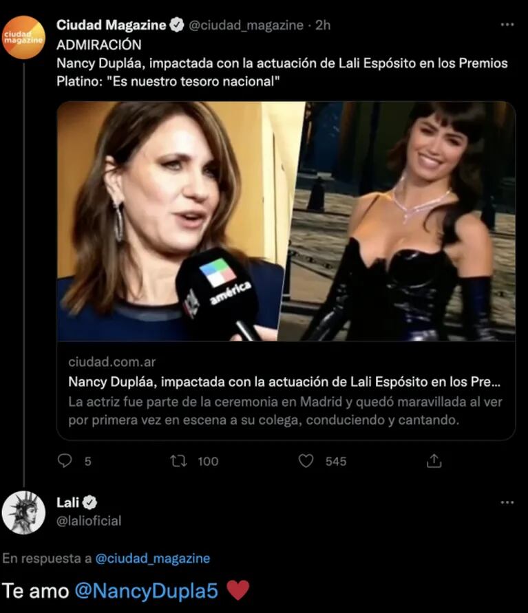La cariñosa reacción de Lali Espósito por los elogios de Nancy Dupláa