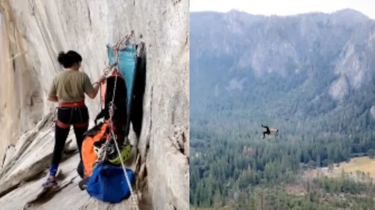 Una aventurera se columpia con una cuerda desde un acantilado del Parque Nacional de Yosemite