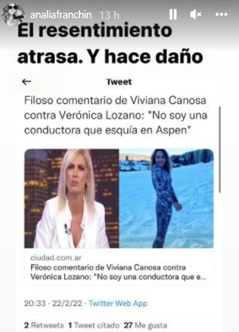 Analía Franchín defendió a Vero Lozano y disparó contra Viviana Canosa: "El resentimiento atrasa"
