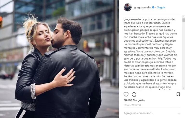 Grego Rosello sorprendió al confirmar su separación de Stephanie Demner: "Estar juntos no nos estaba haciendo bien"