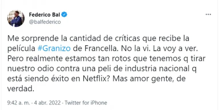 Fede Bal defendió Granizo, la película de su ex Laurita Fernández y Guillermo Francella: "Más amor, gente y menos odio" 
