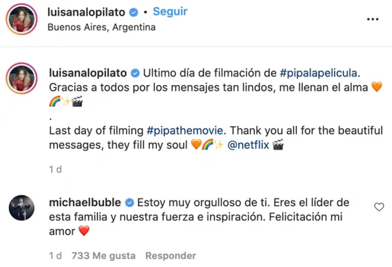 El apasionado mensaje de Michael Bublé para Luisana Lopilato por el último día de grabación de su peli: "Estoy muy orgulloso de vos"