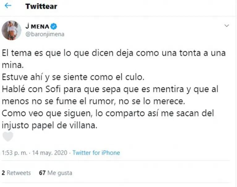 Jimena Barón, tras el rumor de acercamiento con Del Potro: "Hablé con Sofi para que sepa que es mentira"