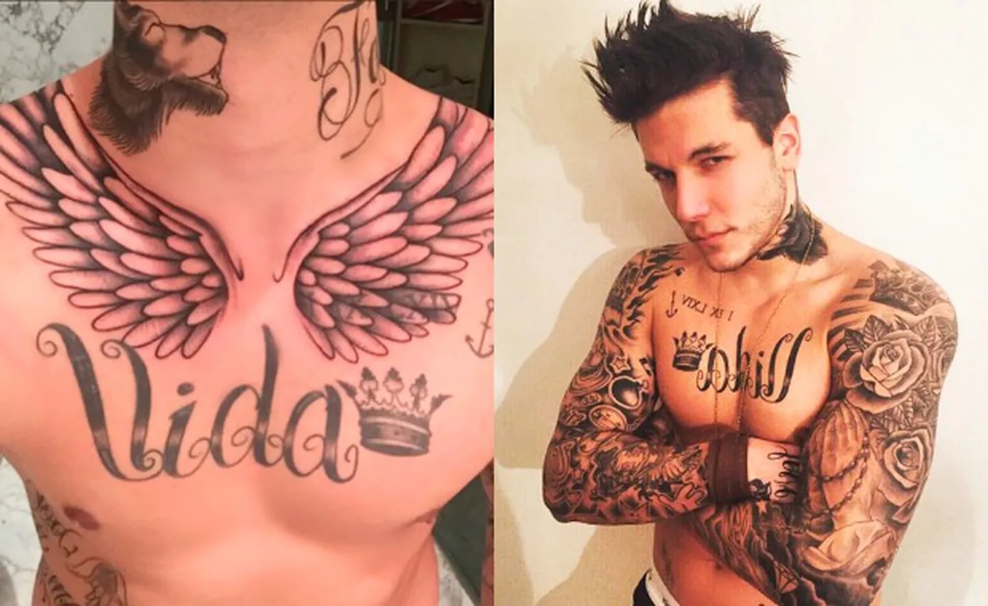Alexander Caniggia y su tatuaje de alas, antes y después. (Foto: Instagram)