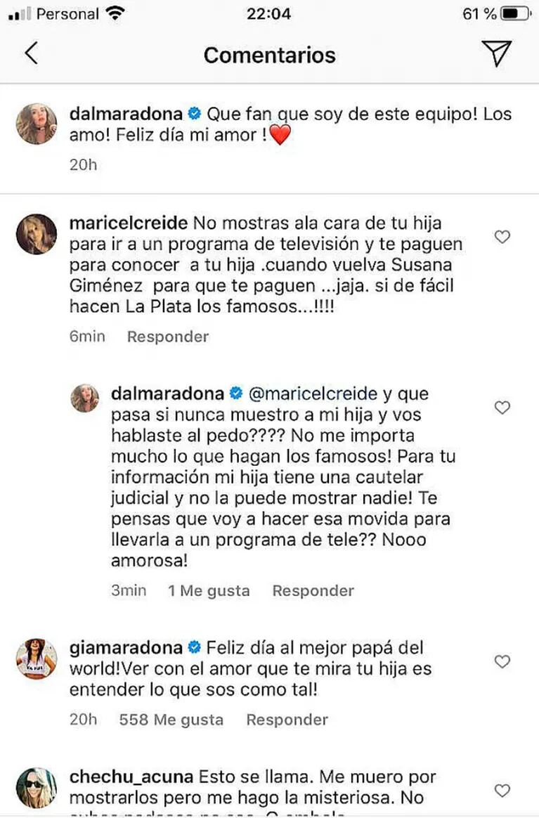 Fuerte reacción de Dalma Maradona contra una mujer que la acusó de querer mostrar a su hija solo si hay plata