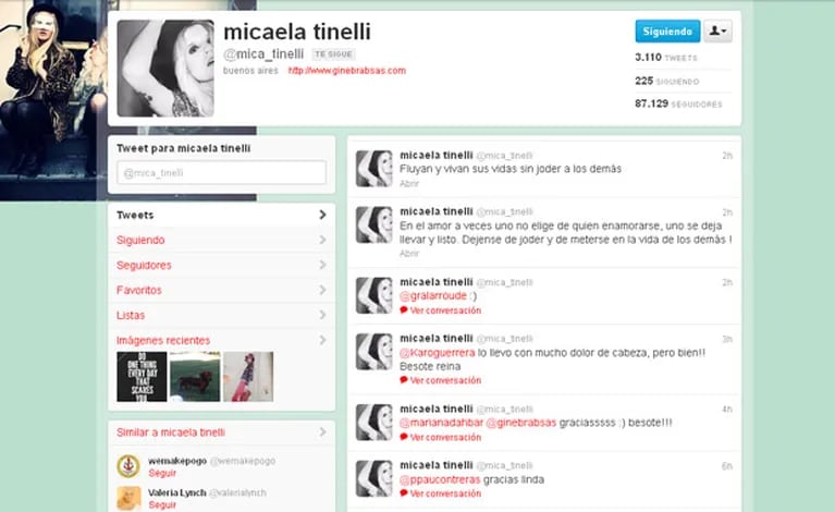 La cuenta de Twitter de Micaela Tinelli. (Captura: @Mica_Tinelli)