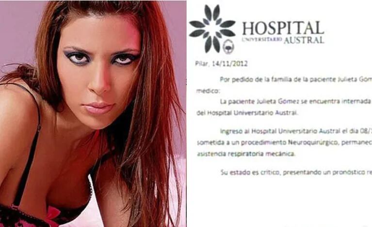 El Hospital Austral envió el primer parte médico sobre la salud de Julieta Gómez. 