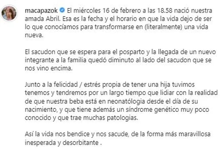 La actriz Macarena Paz fue mamá y habló de la salud de su beba: "Está en neo y tiene un síndrome genético poco conocido" 