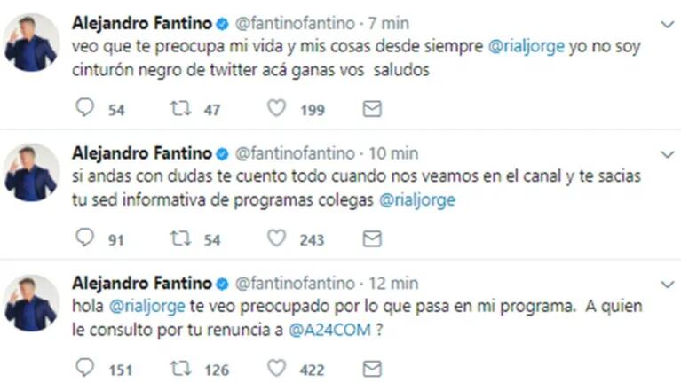 Alejandro Fantino y un picantísimo cruce con Jorge Rial: "Veo que te preocupa mi vida desde siempre; no soy cinturón negro de Twitter, acá ganás vos" 