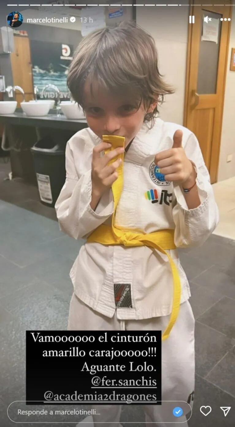 Antes de ir al Mundial, Lolo Tinelli obtuvo el cinturón amarillo en Taekwondo y papá Marcelo lo felicitó