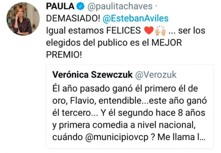 El enojo de Paula Chaves con los Premios Carlos 2019: "Igual, ser elegidos por público es el mejor premio"