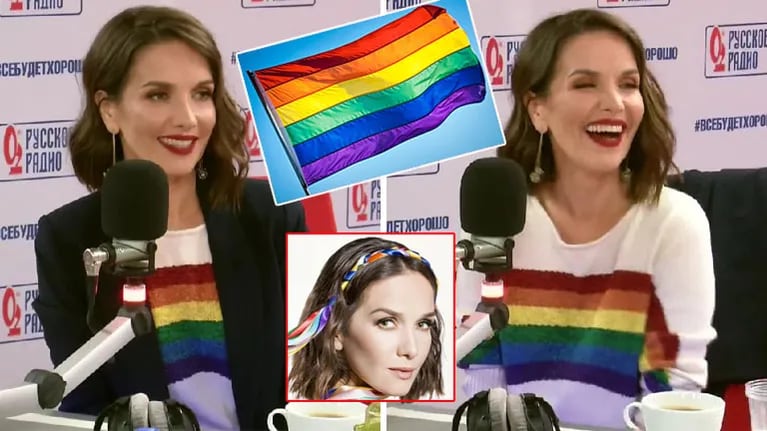 El valiente look de Natalia Oreiro en Rusia: fue a una radio pública con un buzo con la bandera LGBT estampada