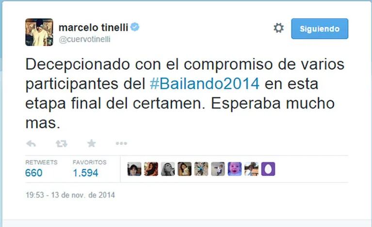 El tweet de Tinelli, molesto con la actitud de los finalistas del Bailando (Fotos: Web). 