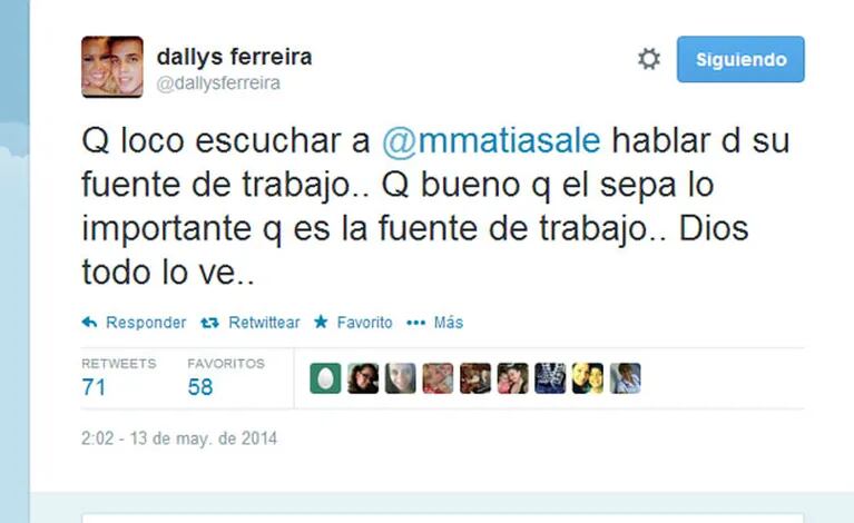 Dallys Ferreira y un mensaje en Twitter para su ex compañero de elenco (Foto: Captura). 