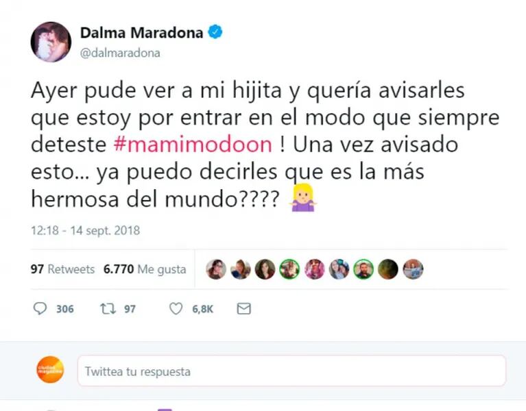 El divertido tweet de Dalma Maradona, en 'modo mamá': "Ayer vi a mi hijita, ¿ya puedo decirles que...?"