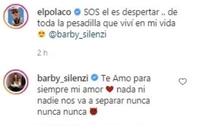 Barby Silenzi y el Polaco, su romántico cruce de mensajes en Instagram: "Nada ni nadie nos va a separar nunca"