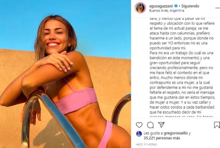 Contundente mensaje de Agustina Agazzani tras bajarse del Bailando: "Se me ataca hasta con calumnias"
