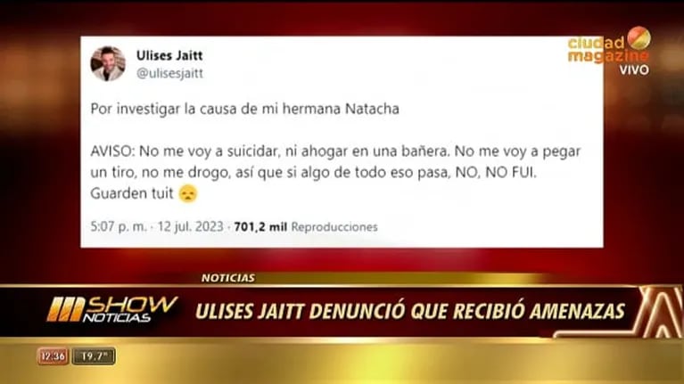 Ulises Jaitt publicó un polémico tweet, igual al de Natacha antes de su muerte: "Guárdenlo"