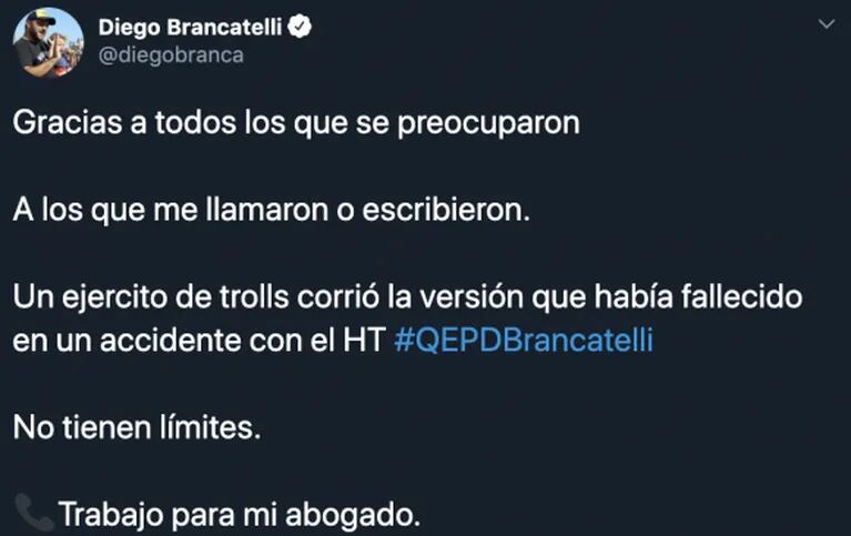Fuerte descargo de Diego Brancatelli, tras ser dado por muerto en Twitter: "La imbecibilidad no tiene límites"