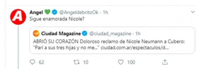 La reacción de Nicole Neumann cuando Ángel preguntó si sigue enamorada de Cubero: "Me desenamoré hace 5 años"