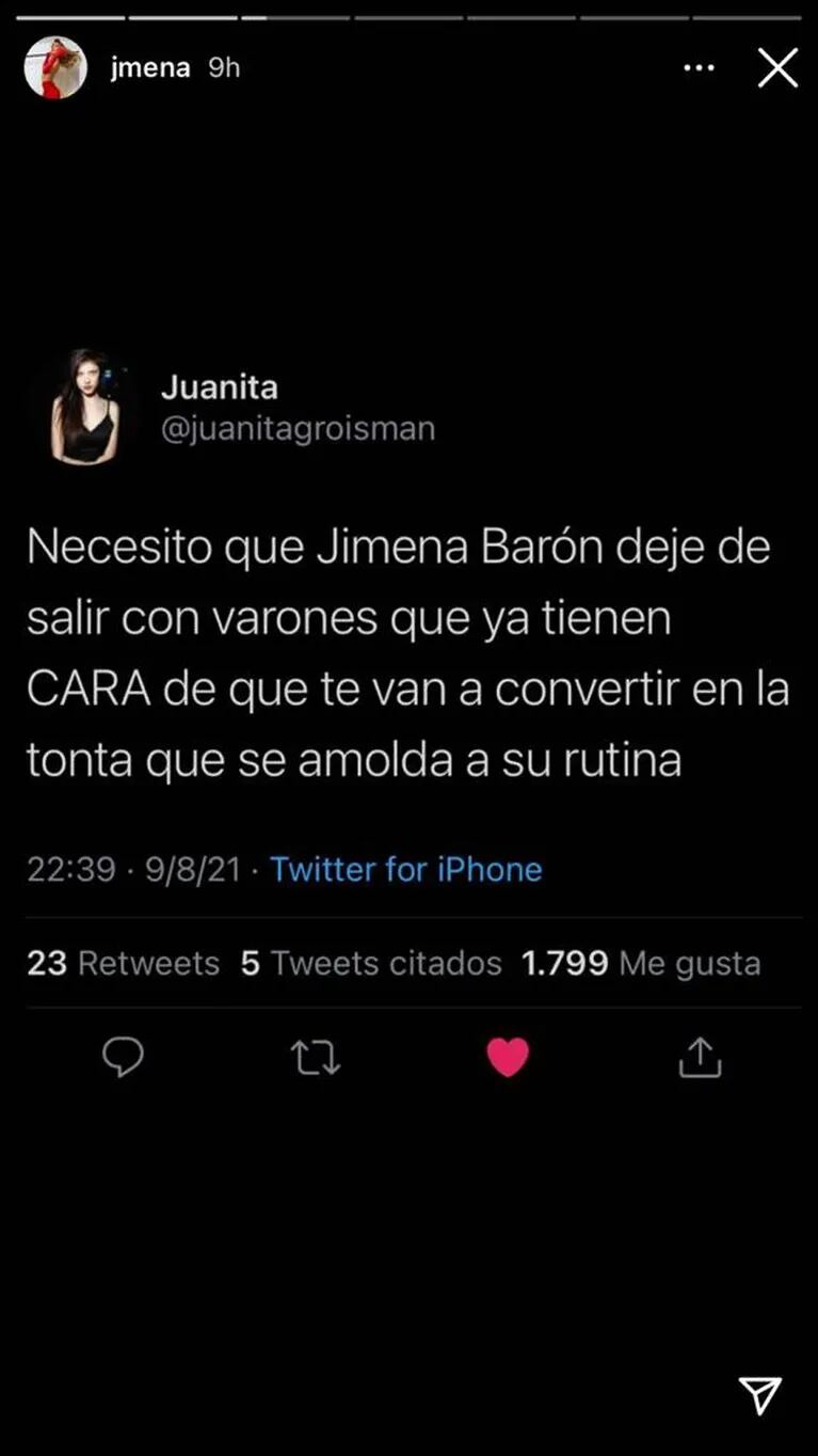 Jimena Barón retwitteó un llamativo mensaje sobre su vida sentimental: "Que deje de salir con varones que la van a convertir en la tonta"