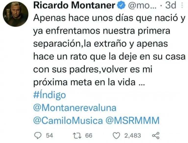 Profundo posteo de Ricardo Montaner sobre su nieta Índigo: "Enfrentamos nuestra primera separación" 