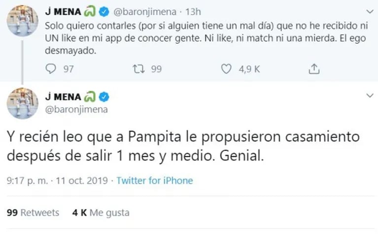 Jimena Barón, al enterarse de que se casa Pampita: "Yo no recibí ni un like en mi aplicación para conocer gente"