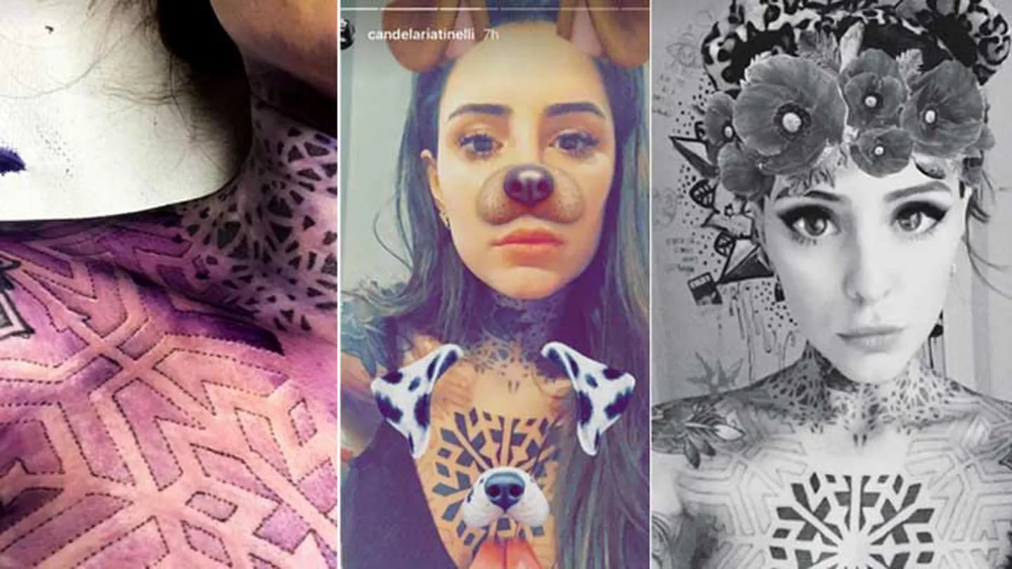 Cande se tatuó el pecho con un jugadísimo diseño geométrico. Foto: Instagram Stories