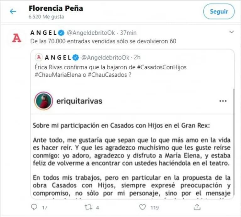 ¡Interna en Casados con Hijos! Los picantes me gusta de Florencia Peña en Twitter tras la salida de Érica Rivas