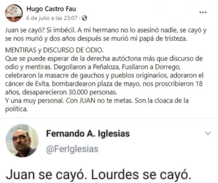 El hermano de Juan Castro, furioso luego de que pusieran en duda la muerte del periodista: "¿Juan se cayó? ¡Sí, imbécil!"