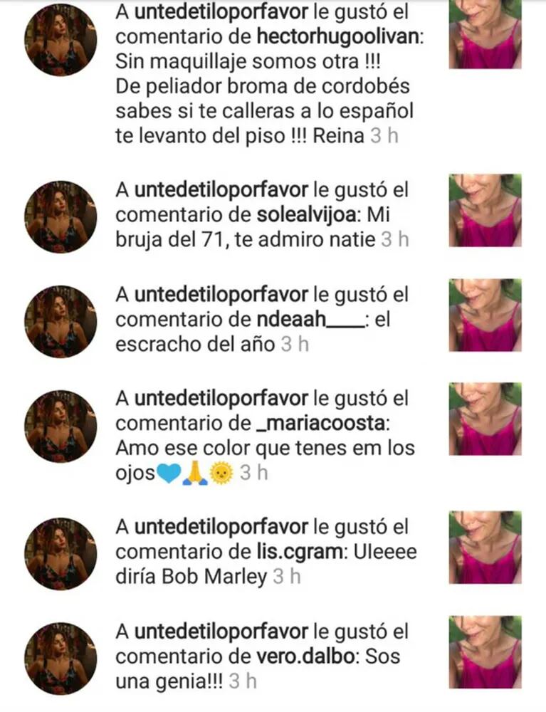 Natalie Pérez se "autoescrachó" con una divertida foto en Instagram: los comentarios de sus fans y Jimena Barón