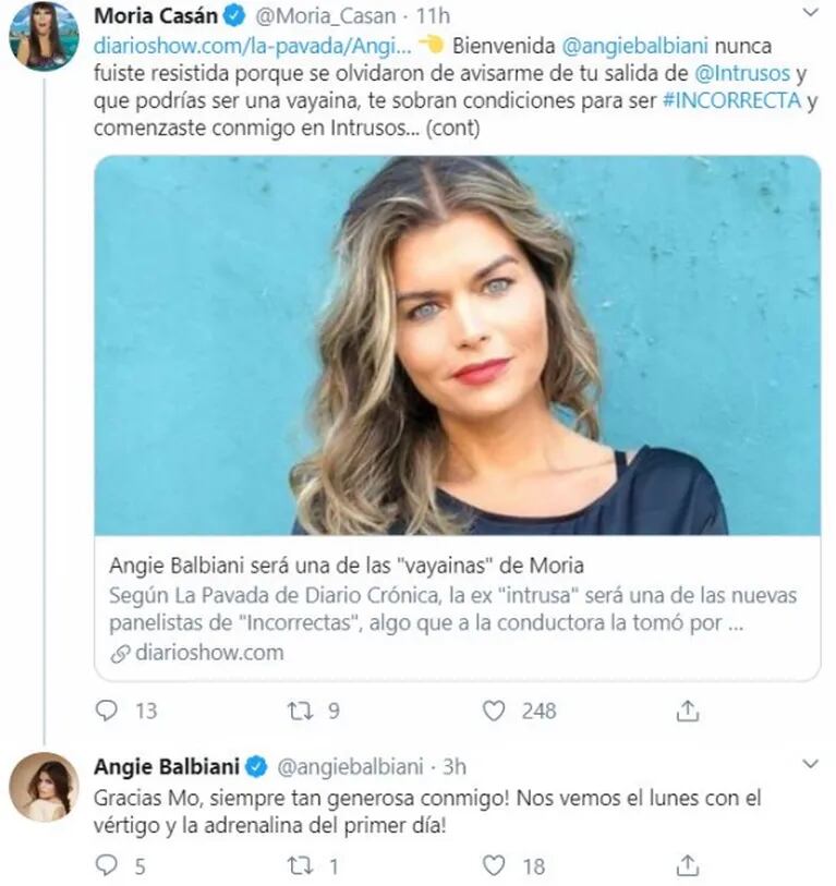 Moria le dio la bienvenida a Angie Balbiani a su programa: "Ahora sos una 'Incorrecta', no sos una ex Intrusos, ni la amiga de Pampita"