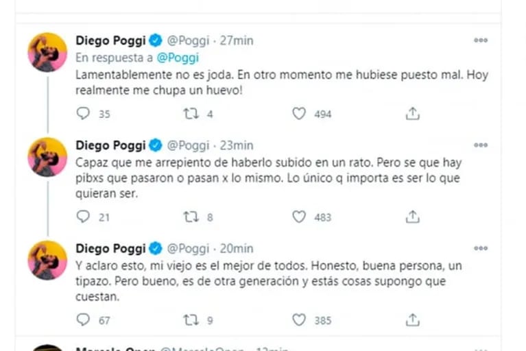 Diego Poggi publicó el hiriente chat con su padre cuando le contó que está de novio con un hombre: "Olvidate de que tenés papá"