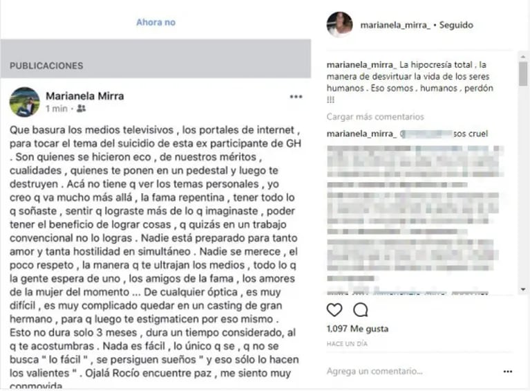 El duro descargo de Marianela Mirra tras el suicidio de Rocío Gancedo: "Nadie está preparado para tanto amor y hostilidad en simultáneo"