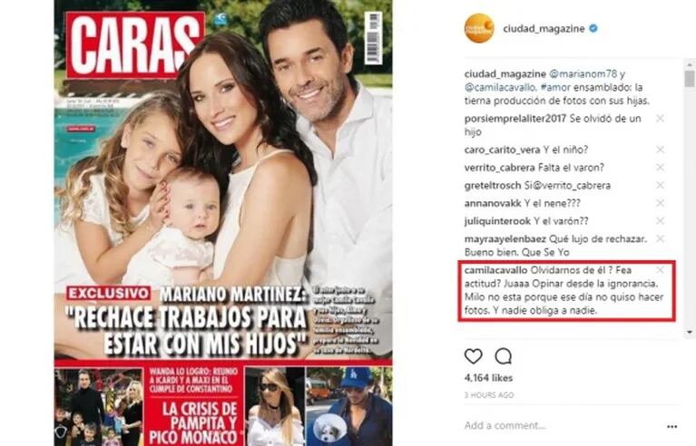Camila Cavallo, ante las críticas por la ausencia del hijo varón de Mariano Martínez en la producción de Caras: "Milo no está porque ese día no quiso hacer fotos, y nadie obliga a nadie"