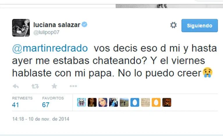 Luciana Salazar y su furibundo tweet contra Redrado (Foto: Captura). 