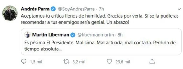 Martín Liberman criticó la serie El Presidente ¡y el protagonista Andrés Parra le salió al cruce!: "Es pésima"