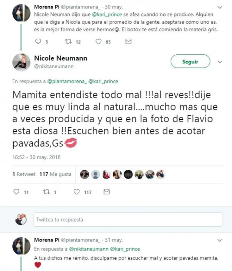 Fuerte cruce de Nicole Neumann en Twitter tras su llamativo comentario sobre el físico de la Princesita Karina