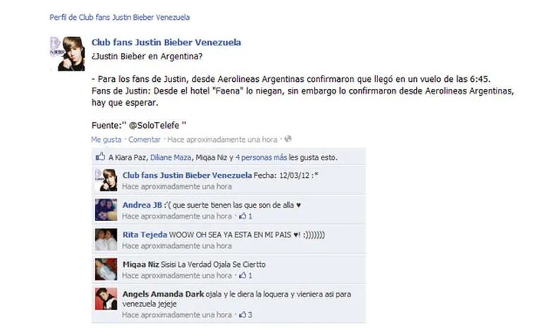¿Justin Bieber está en la Argentina? Según su Club de fans, sí. (Foto: Facebook del Club de Fans de Justin en Argentina)