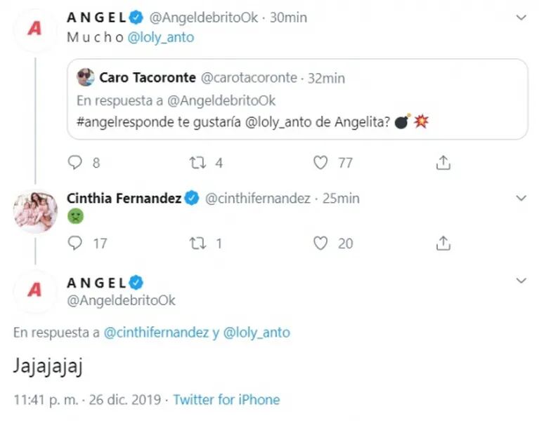 La picante reacción de Cinthia Fernández luego de que De Brito postulara a Loly Antoniale como su angelita