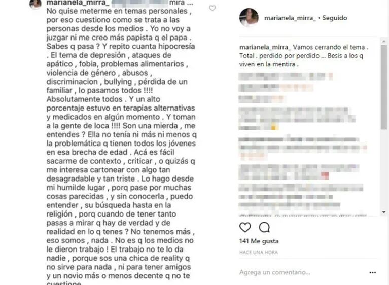 El duro descargo de Marianela Mirra tras el suicidio de Rocío Gancedo: "Nadie está preparado para tanto amor y hostilidad en simultáneo"