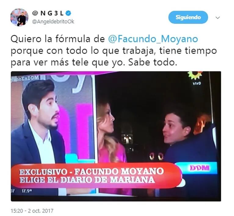 El picante cruce twittero de Ángel de Brito con Facundo Moyano: "Quiero su fórmula porque con todo lo que trabaja, tiene tiempo para ver más tele que yo"