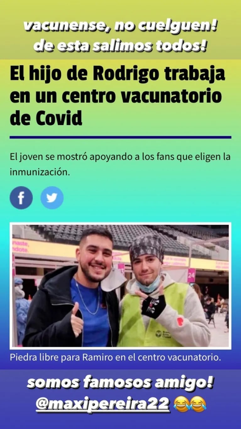 Ramiro Bueno, el hijo del Potro Rodrigo, consiguió trabajo en un vacunatorio: "¡Vacúnese que de esta salimos todos!"