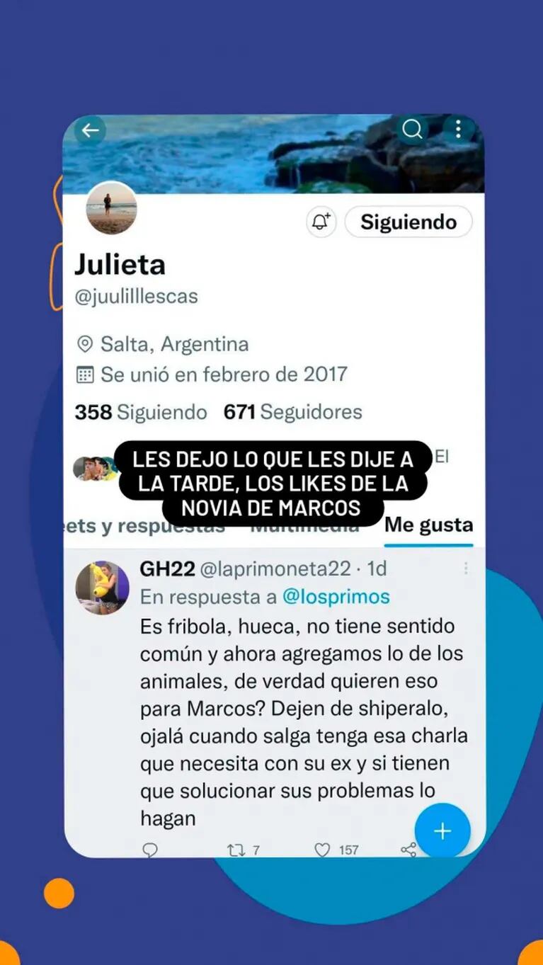 La ex de Marcos, durísima con Julieta de Gran Hermano en las redes sociales
