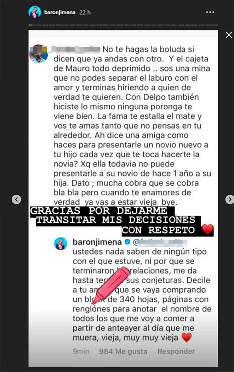 Jimena Barón apuró a un seguidor en Instagram: "Comprate un block para anotar a todos los que me voy a comer"