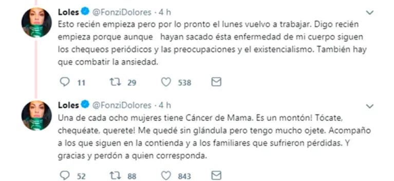 Dolores Fonzi contó que le detectaron cáncer de mama: "Me declararon curada tras someterme a una mastectomía"