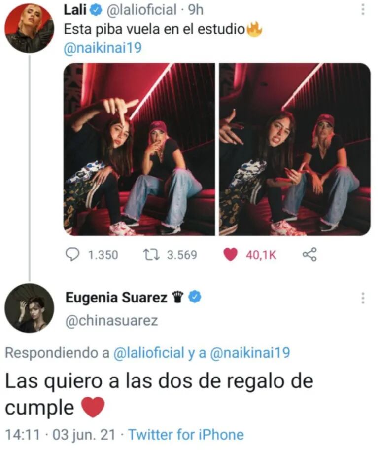 Pícara reacción de China Suárez al ver a Lali Espósito con Nicki Nicole: "Las quiero a las dos de regalo de cumple" 
