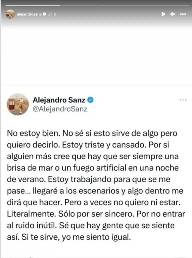 Alejandro Sanz se mostró recuperado luego de su alarmante mensaje: "Encerrarme no es buena idea"
